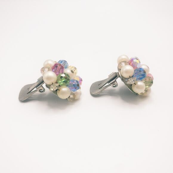 Vintage Round Cluster Earrings Faux Pearl Faceted Beads Pink Blue Fruit Salad - Picture 4 of 6